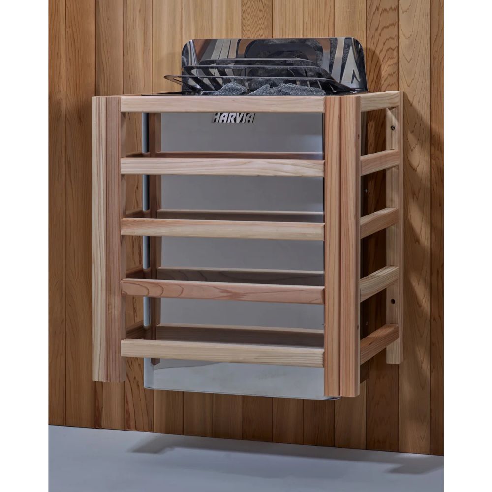 Wooden sauna shelf with Harvia branding against a wooden wall.