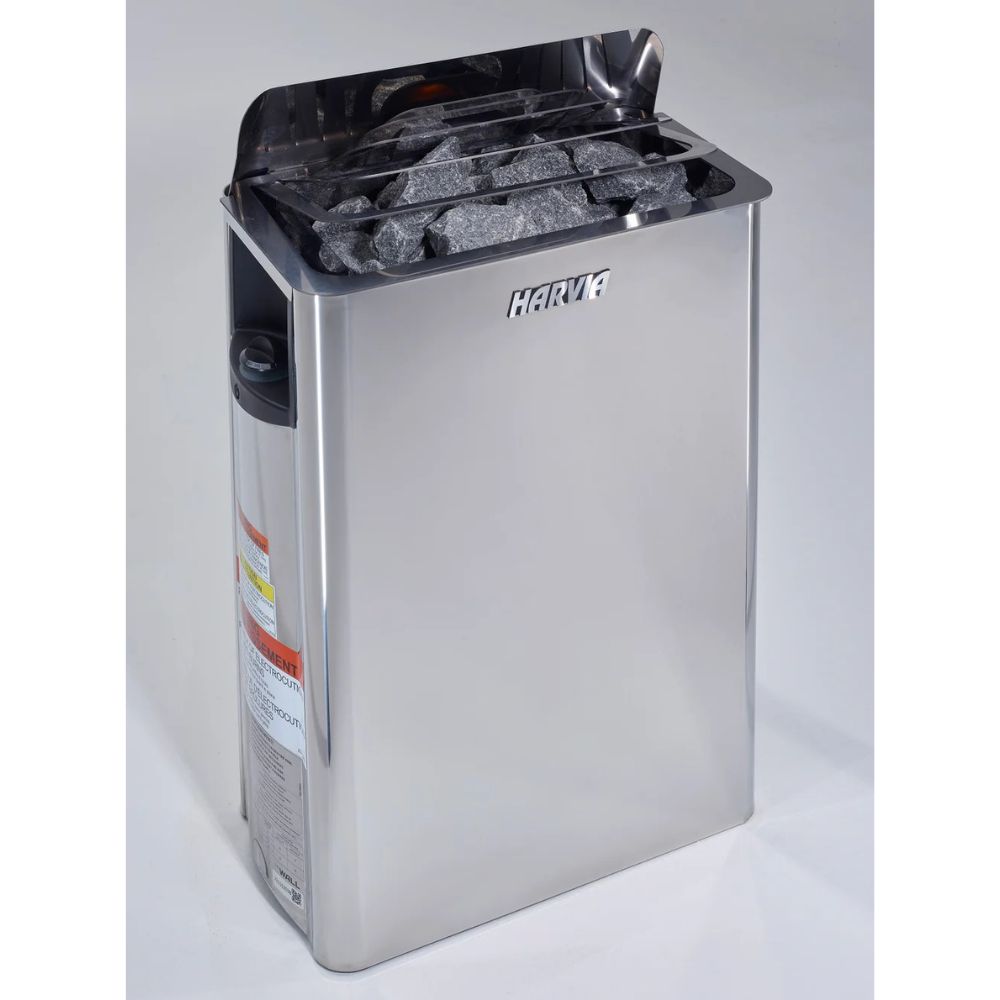 Stainless steel trash can with Harvia branding on a white background