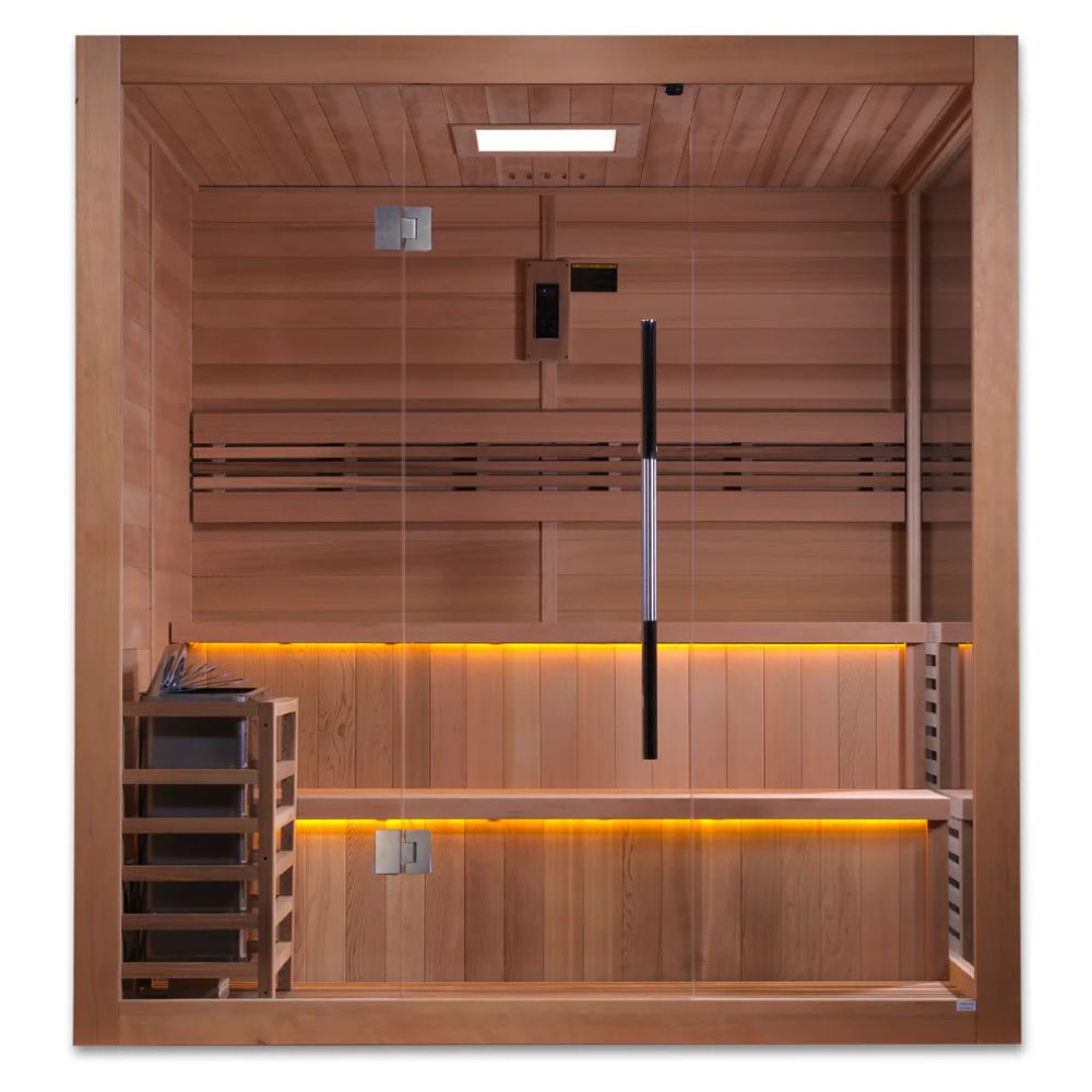 Wooden sauna with glass door and interior lighting