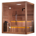 Wooden sauna with glass door on a white background
