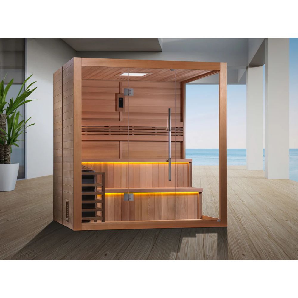 Wooden sauna with ocean view in a modern indoor setting