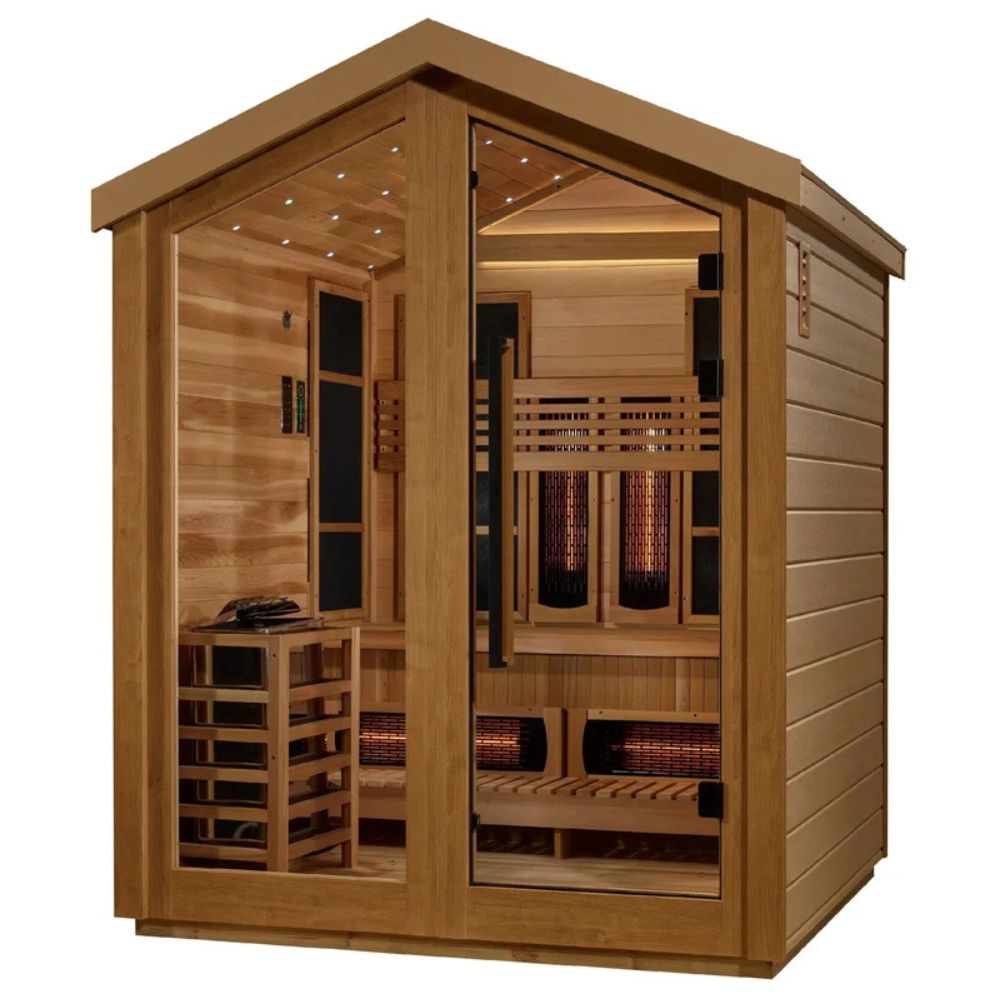Wooden shed with glass doors and windows