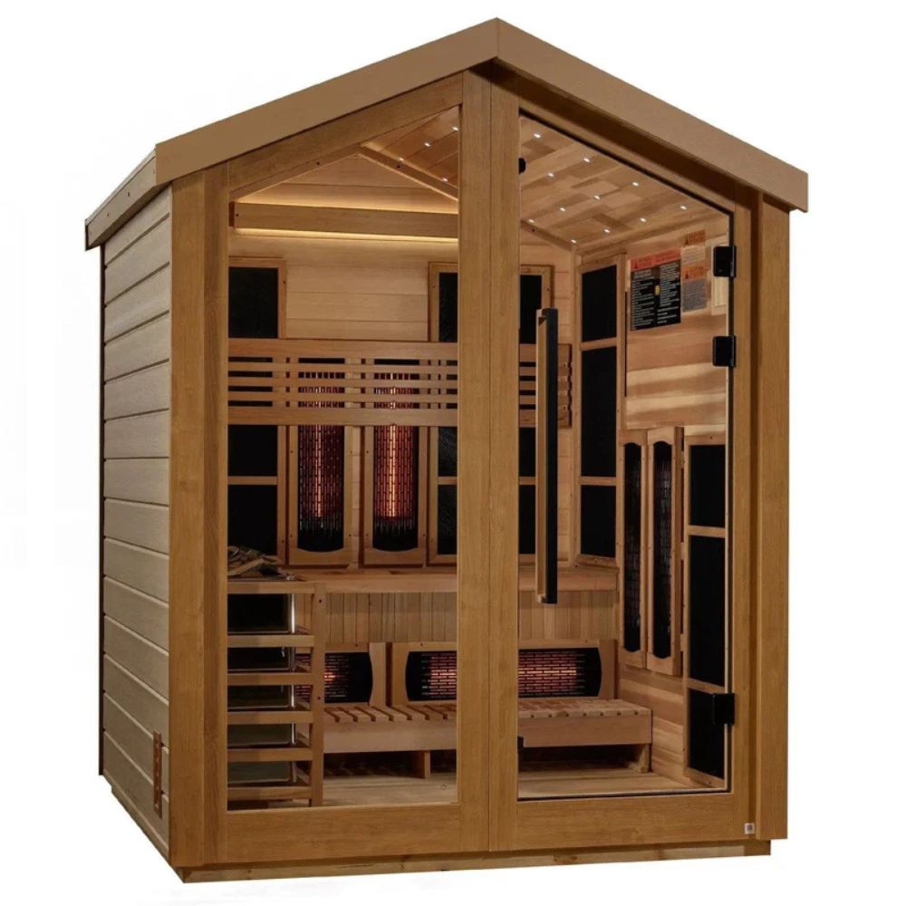 Wooden infrared sauna with interior lights on a white background