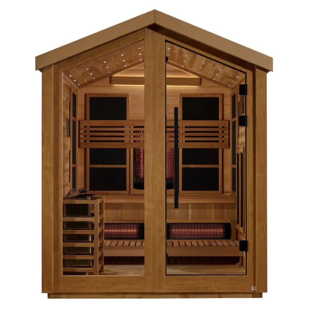 Wooden sauna with interior lights on a white background