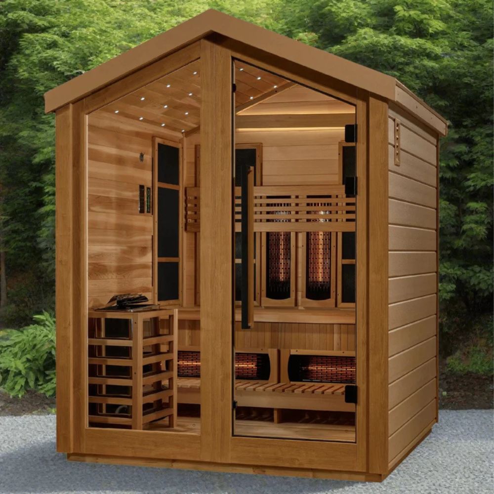 Wooden sauna with interior view, surrounded by greenery