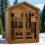 Wooden sauna in a snowy outdoor setting with trees in the background