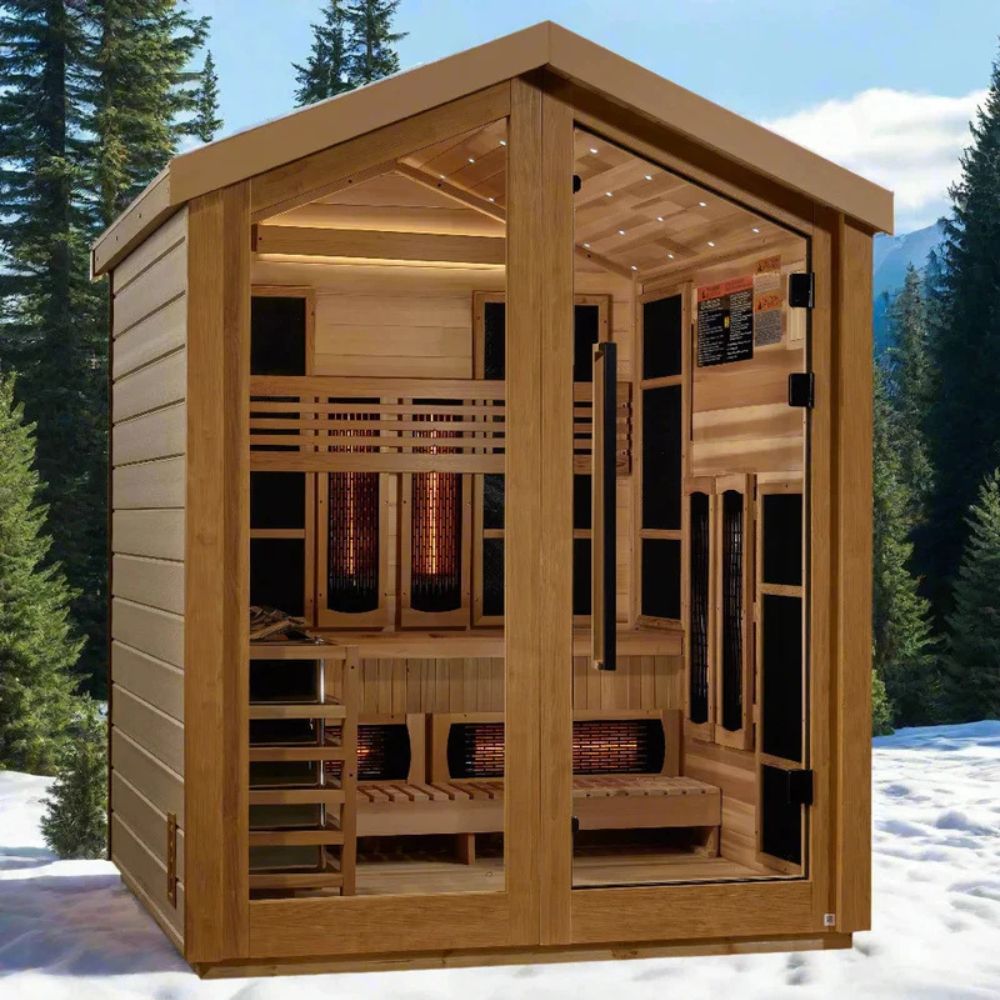 Wooden sauna in a snowy outdoor setting with trees in the background