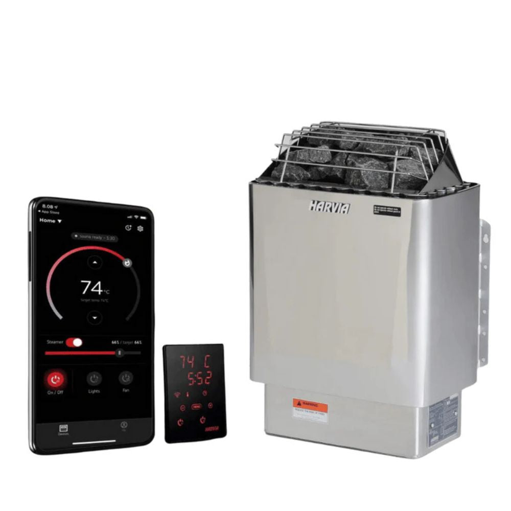 Harvia sauna heater with smartphone and remote control on a white background