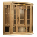 Wooden sauna with glass panels on a white background