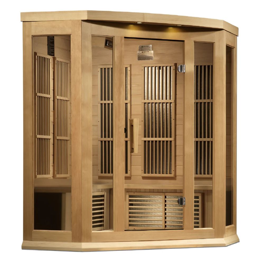 Wooden sauna with glass panels on a white background
