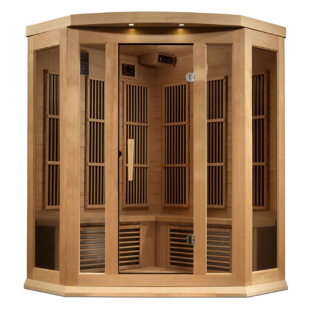 Wooden infrared sauna with glass panels on a white background