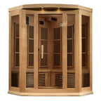 Wooden infrared sauna with glass panels on a white background