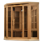 Wooden sauna with glass doors on a white background