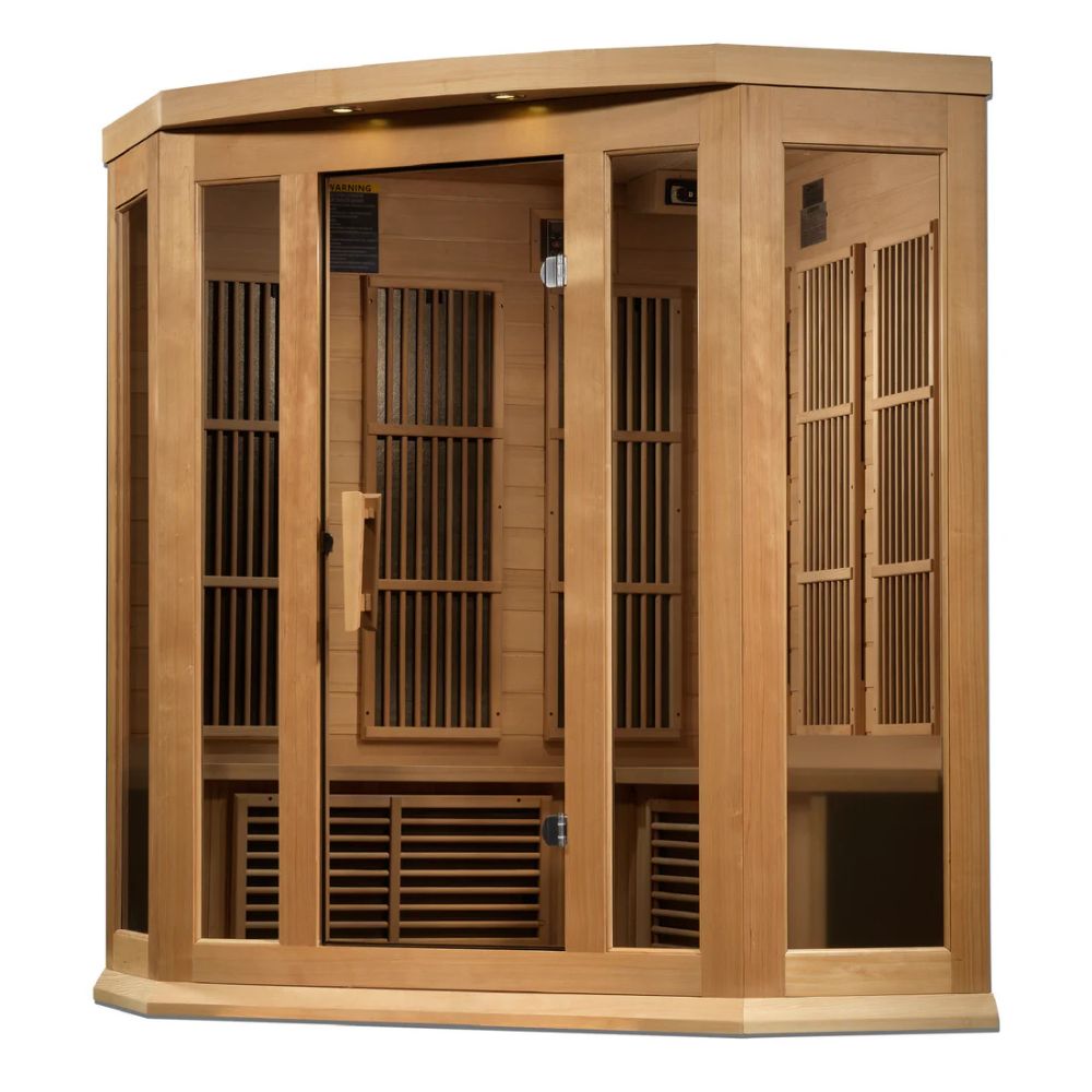 Wooden sauna with glass doors on a white background
