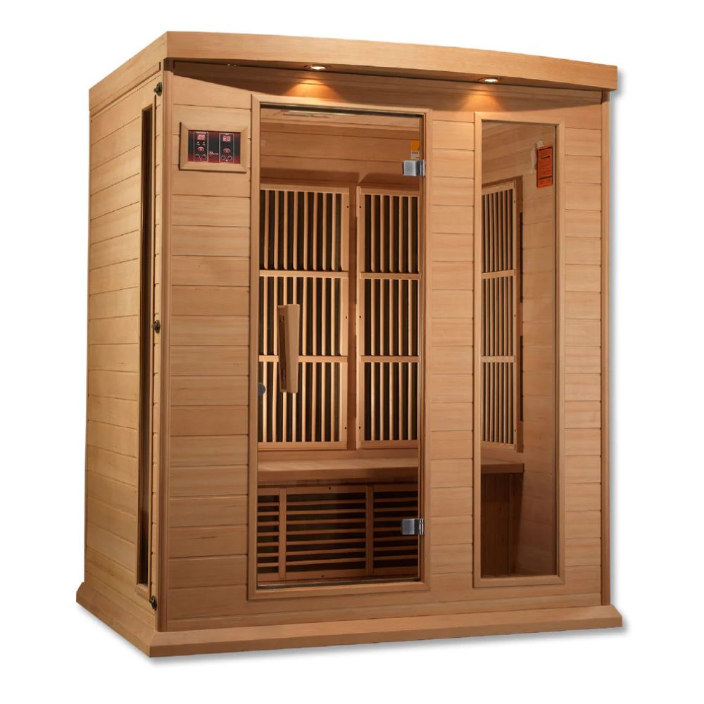 Wooden infrared sauna with glass door on a white background
