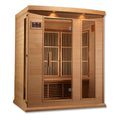 Wooden infrared sauna with glass door on a white background