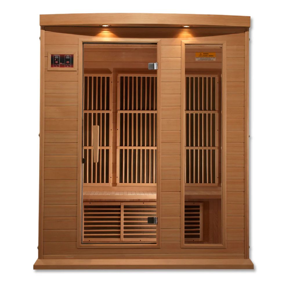 Wooden sauna with interior lattice design on a white background