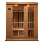 Wooden sauna with interior lattice design on a white background