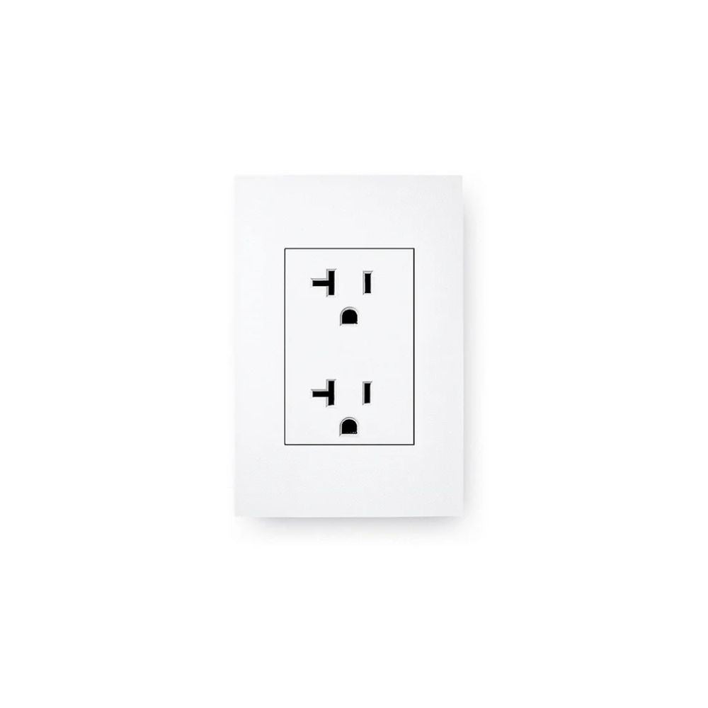 White wall outlet with black socket design on a white background