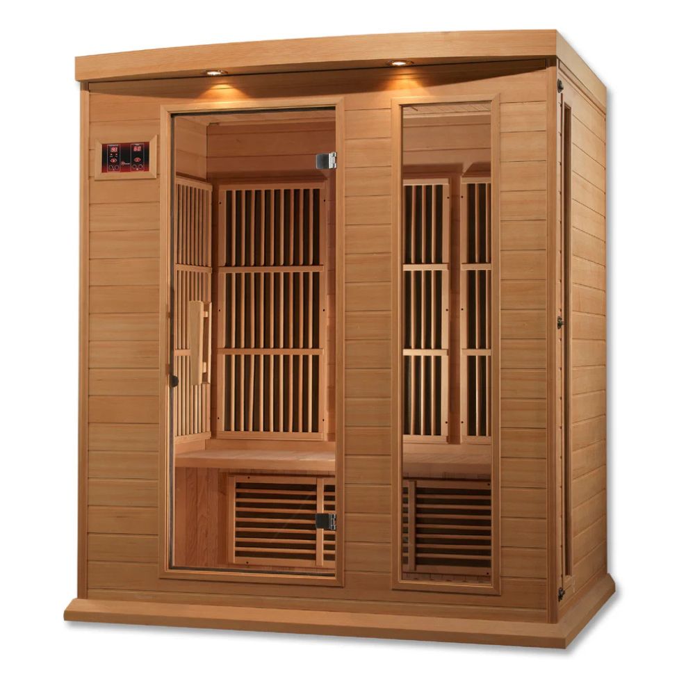 Wooden sauna with interior lattice design on a white background
