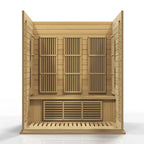 Wooden sauna with open doors on a white background