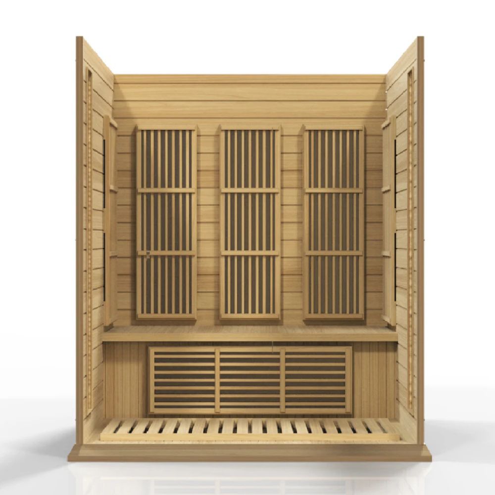 Wooden sauna with open doors on a white background