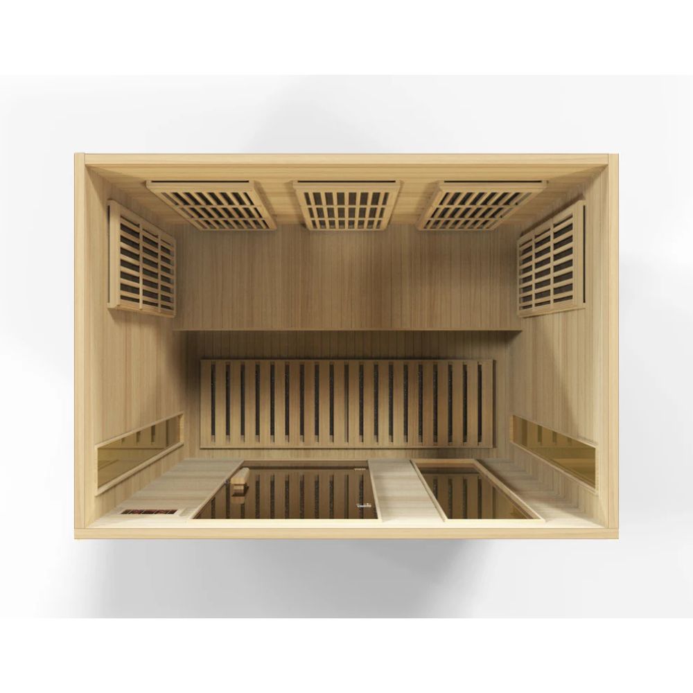 Wooden sauna interior with ventilation grilles on a white background