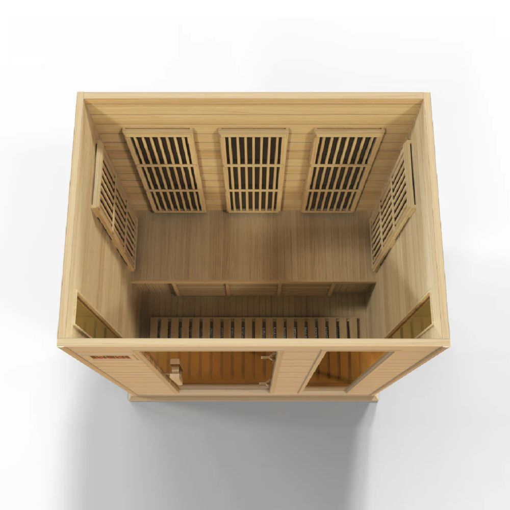 Wooden sauna with ventilation grilles on a white background