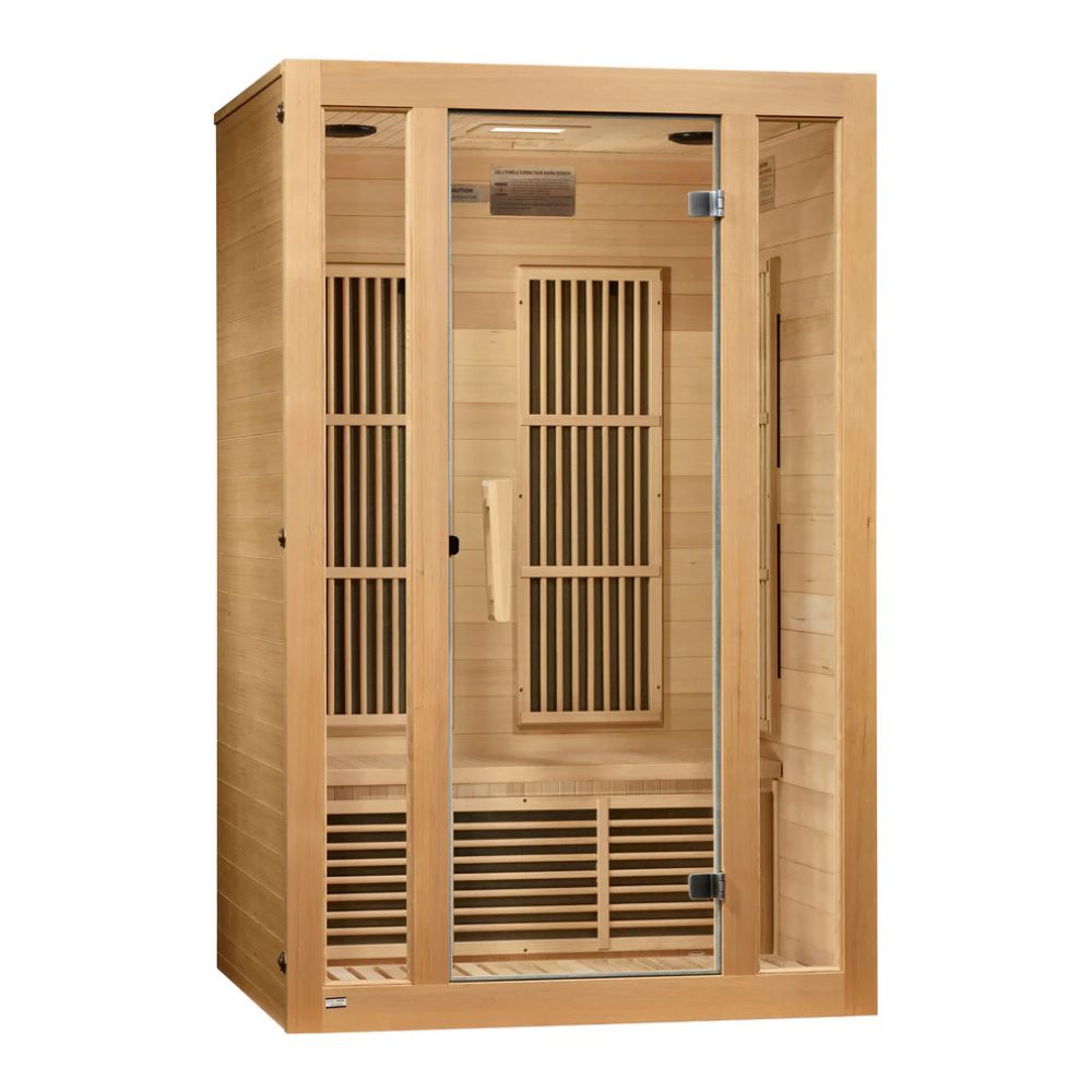 Wooden sauna with glass door on a white background