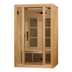 Wooden sauna with glass doors on a white background