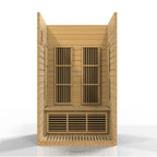 Wooden sauna with lattice design on a white background