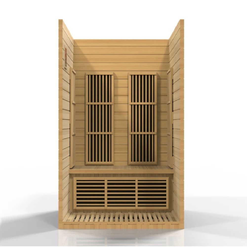 Wooden sauna with lattice design on a white background