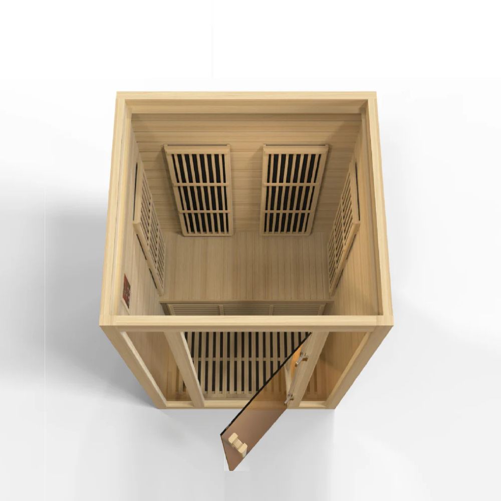 Wooden sauna with open door on a white background