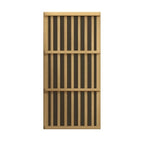 Wooden screen door with horizontal slats on a white background