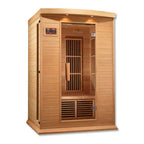 Wooden sauna with interior heating elements on a white background