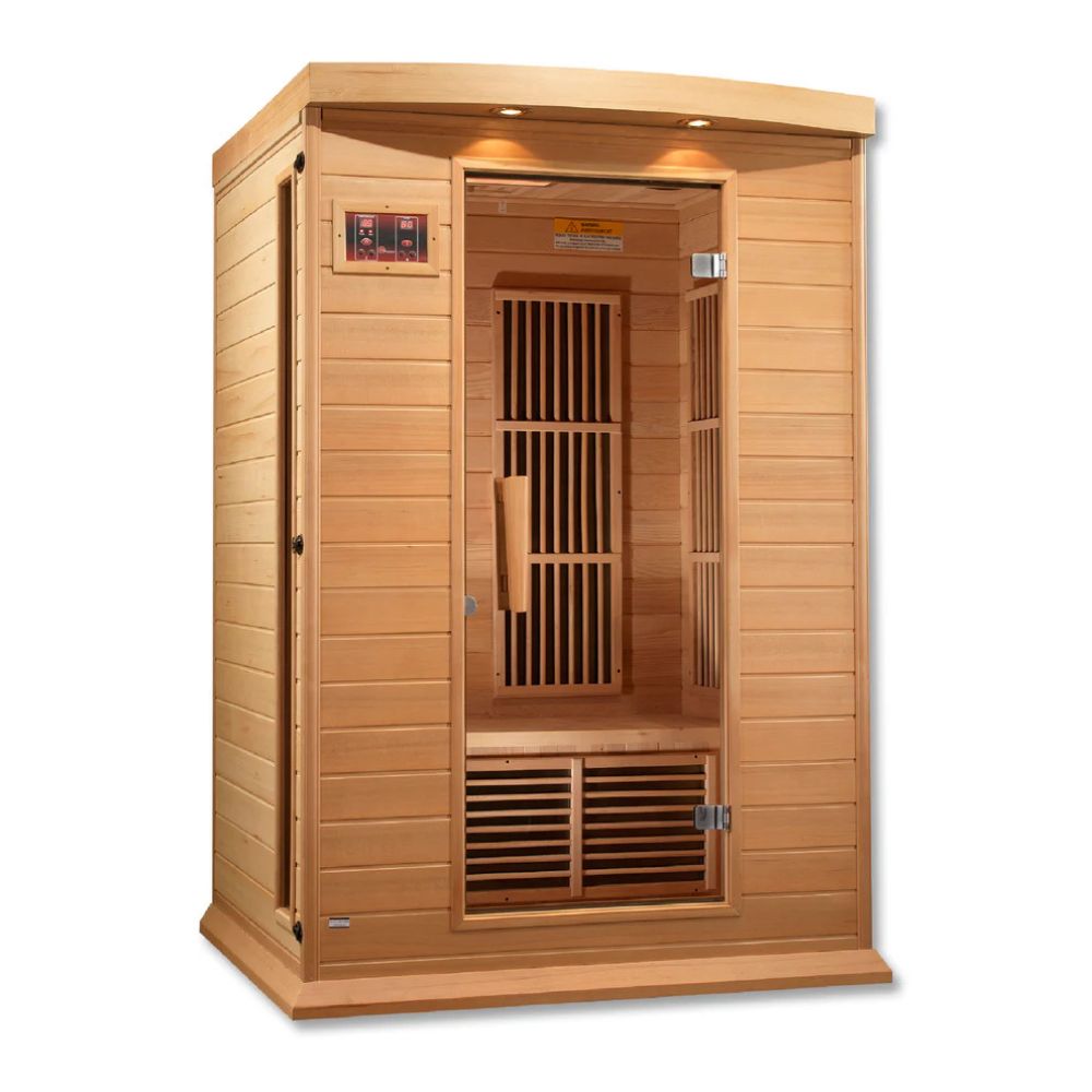 Wooden sauna with interior heating elements on a white background