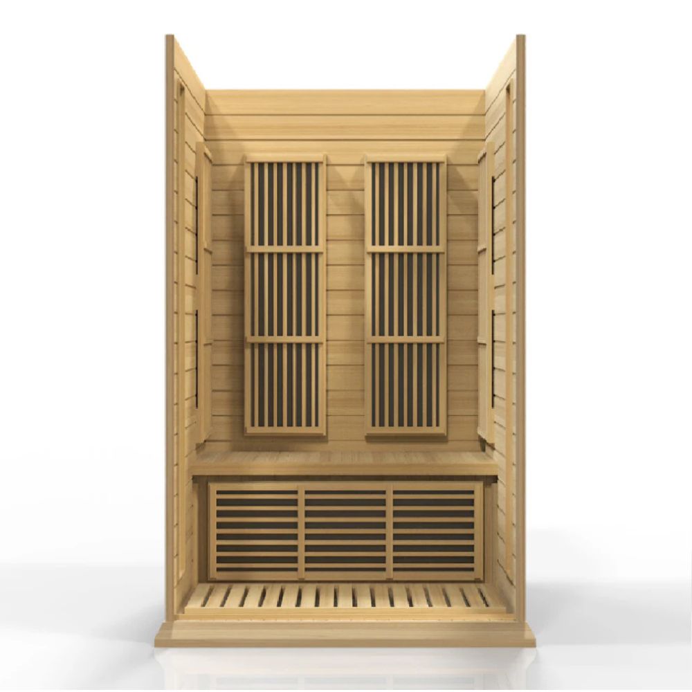 Wooden sauna with open doors on a white background