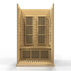 Wooden sauna with open doors on a white background