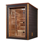 Wooden sauna with glass door on a white background