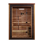Wooden sauna with glass door on a white background