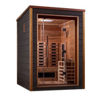 Wooden sauna with glass door on a white background