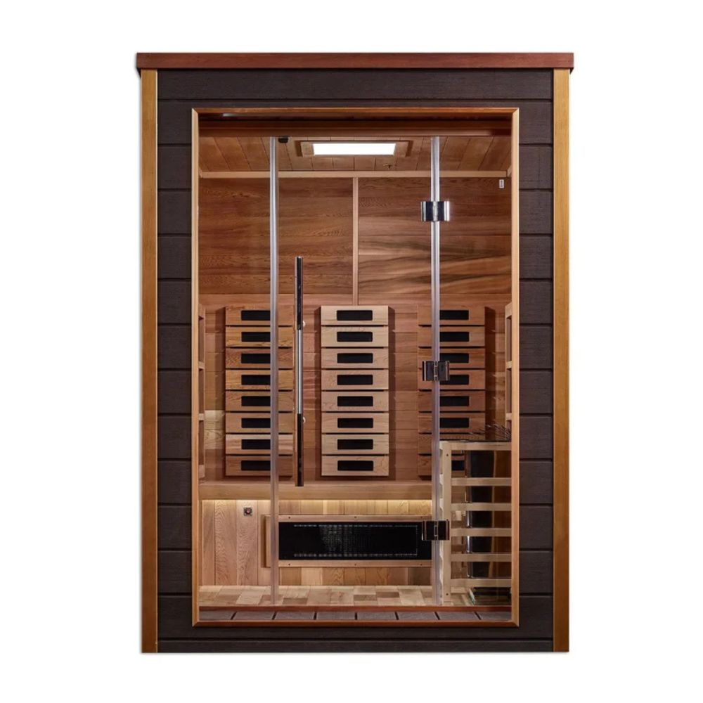 Wooden sauna with glass door on a white background