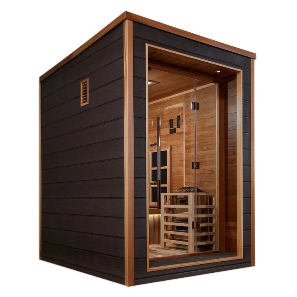 Wooden sauna with glass door on a wooden floor