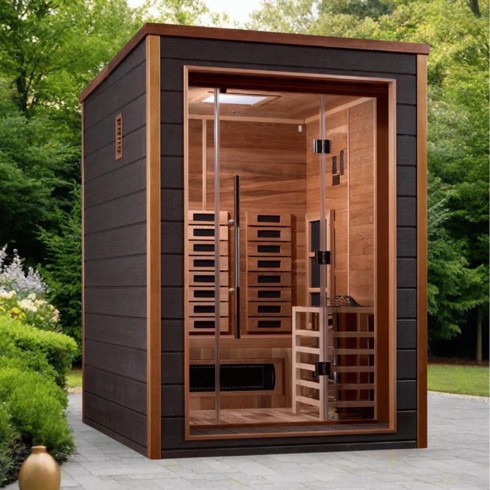 Wooden sauna with glass door in a garden setting