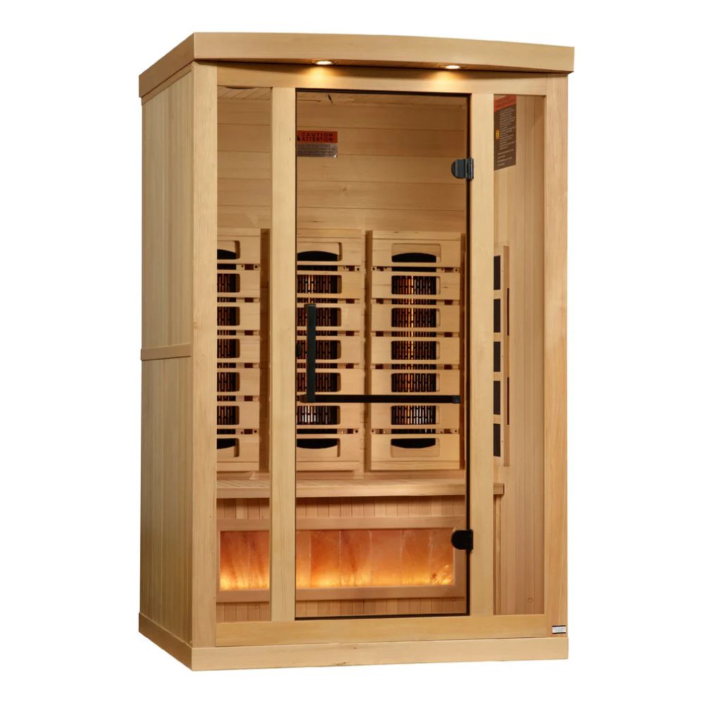 Wooden sauna with interior lights on a white background
