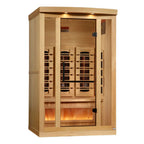 Wooden sauna with interior lights on a white background