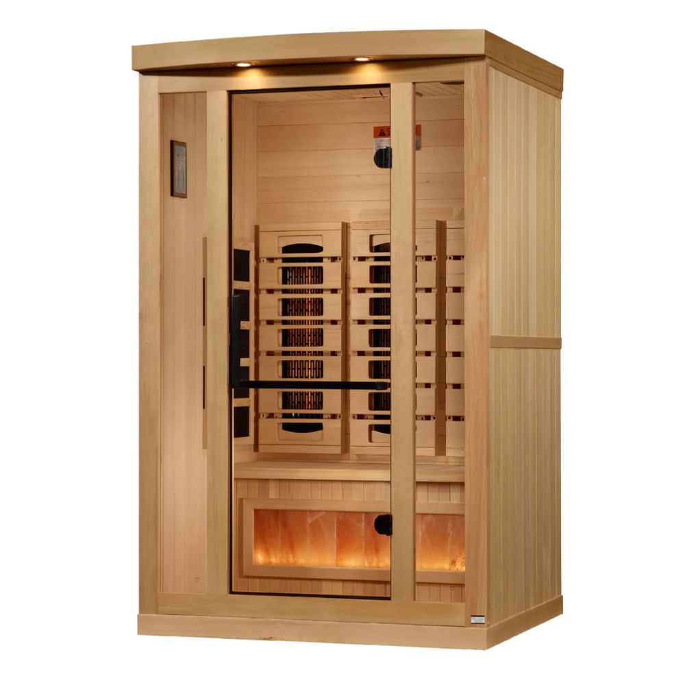 Wooden sauna with glass door on a white background