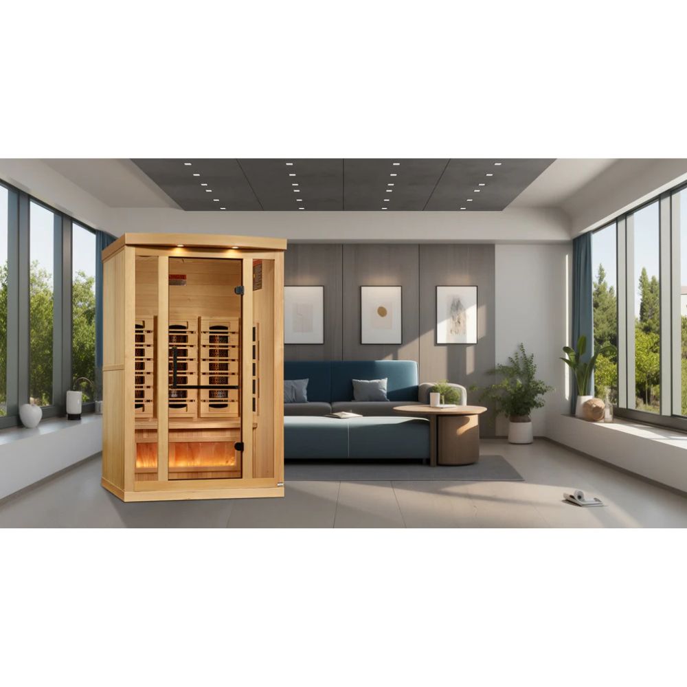 Infrared sauna in a modern room with large windows and furniture.