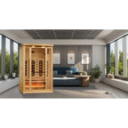 Infrared sauna in a modern room with large windows and furniture.
