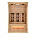 Infrared sauna with wooden interior and glowing light on a white background